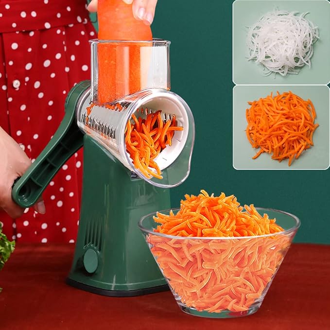 Manual Rotary Cheese Grater Grinder- 5 Interchangeable Blades Round Mandoline Vegetable Slicer Drum Shredder Nut Chopper with Strong Suction Base