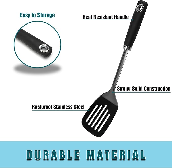 Black Stainless Steel Slotted Turner Spatula, Metal Spatula for Cast Iron & Stainless Steel Pans, Kitchen Turner for Eggs, Burgers, Dishwasher Safe