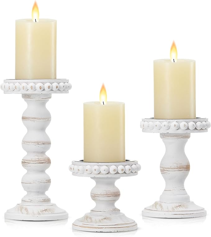 Mumufy 3 Pcs Candle Holders for Pillar Candles Rustic Farmhouse Home Decor Decorative Washed Beaded White Black Wood Candle Holder Country Style for Table Mantel Fireplace Wedding (White,Small)