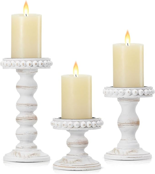 Mumufy 3 Pcs Candle Holders for Pillar Candles Rustic Farmhouse Home Decor Decorative Washed Beaded White Black Wood Candle Holder Country Style for Table Mantel Fireplace Wedding (White,Small)