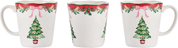 Bico Ribbon Christmas Scalloped Ceramic Mug Set of 4, Christmas Coffee Mugs, 15oz Holiday Cups for Tea, Cocoa, or Hot Drinks, Microwave & Dishwasher Safe