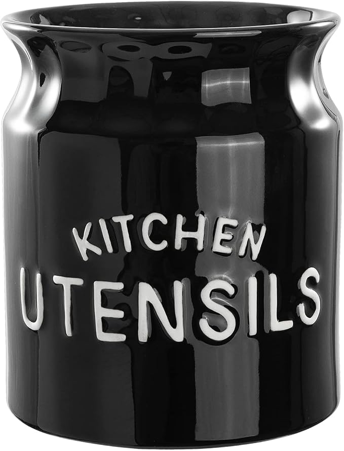 Utensil Holder, Ceramic Farmhouse Kitchen Utensil Holder for Countertop, 6.5" Large Cooking Utensil Crock for Kitchen Counter, Black