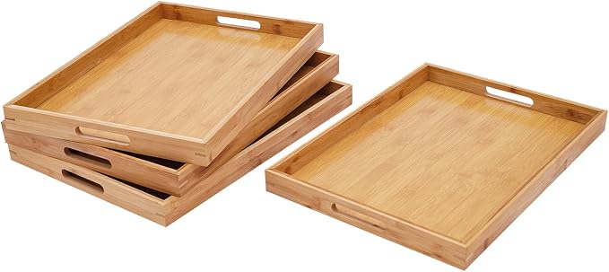 A Set of 4 Food Tray Wooden Tray 6.61-11.02lbs Load Rectangular Kitchen Tray Bamboo Serving Tray with Handles for Restaurant Barbecue Fruits, Cakes, Drinks (18.1 * 13 * 1.4in)