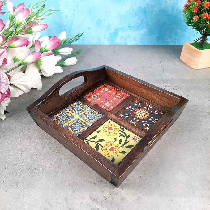 Erving Tray with Ceramic Tiles | Tea & Snacks Serving Platter Wooden | Square Tray with Handles - for Home, Dining Table, Kitchen Decor & Gifts - 9 Inch