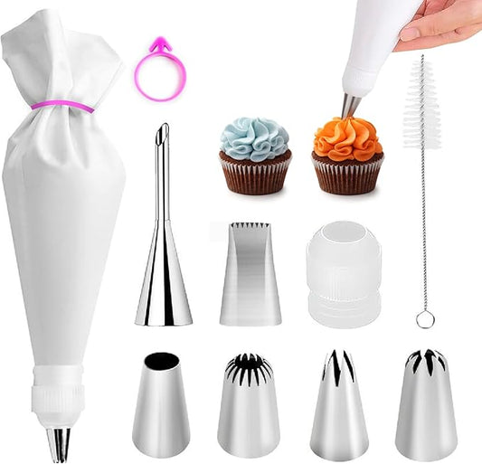 10-Piece Reusable Piping Bags and Tips Set, Cake Decorating Kit for Cakes, Cupcakes, Cookies, and Desserts, Includes 16 Inch Pastry Bags, 6 Frosting Tips, Couplers, Silicone Cable Ties, Cleaning Brush