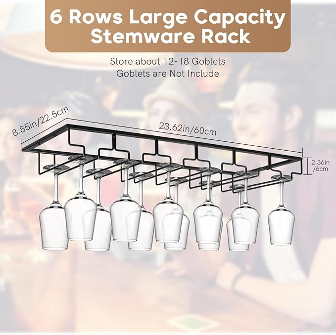 Xverycan Wine Glass Rack Under Cabinet, 6 Row Extreme Large Stemware Hanger, Metal Wine Goblet Holder, DIY Bar Glass Storage Rack for Bar Counter, Kitchen, Screws Included (Black)