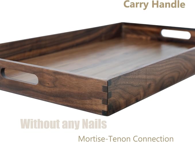 26 x 16 Inches Extra Large Rectangle Black Walnut Wood Ottoman Tray with Handles, Serve Tea, Coffee or Breakfast in Bed, Classic Wooden Decorative Serving Tray