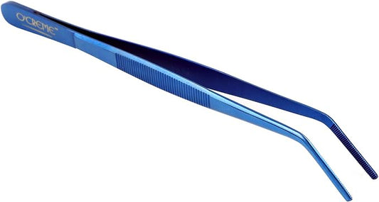 O'Creme Stainless Steel Precision Kitchen Culinary 8 Inch Tweezer Tongs (8" Curved, Blue)