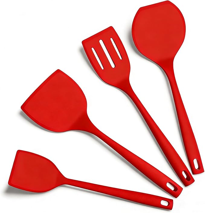 Pancake Silicone Spatula Set, Flexible Turner Spatulas for Flipping, BPA Free, Non Stick and Non Scratch Great for Egg, Fish, Burgers, Dishwasher Safe (4 Pack, Red)