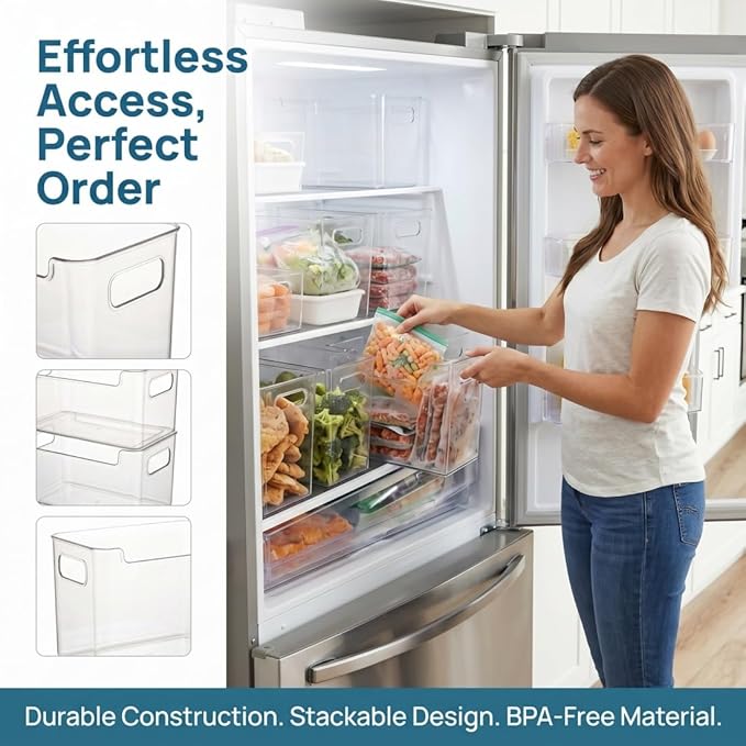 4 Pack Crystal Clear Freezer Storage Bins - Clear Plastic Storage Bins for Refrigerator & Pantry, Stackable Kitchen Cabinet Organizer with Handles for Frozen Food, Meat, Veggies (4*MixB)