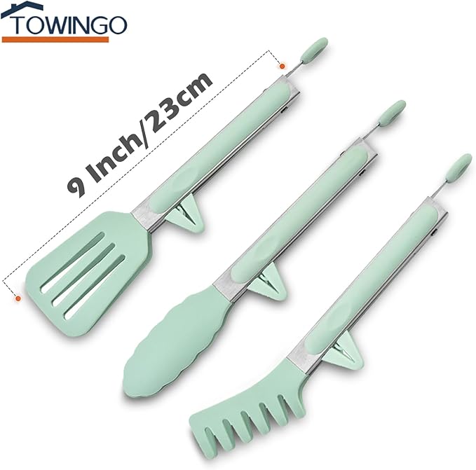 Kitchen Tongs for Cooking, 9 Inch Small Silicone Tongs, Food Grade Mini Serving Tongs with Silicone Tips, Set of 3, Green