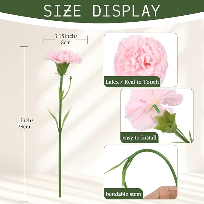 Blush Pink Carnations Artificial Flowers 15pcs Real Touch Carnation Flowers Latex Silk Flowers with Stems for Wedding Bouquets for Bridal Home Table Centerpieces (Latex Nude Pink)