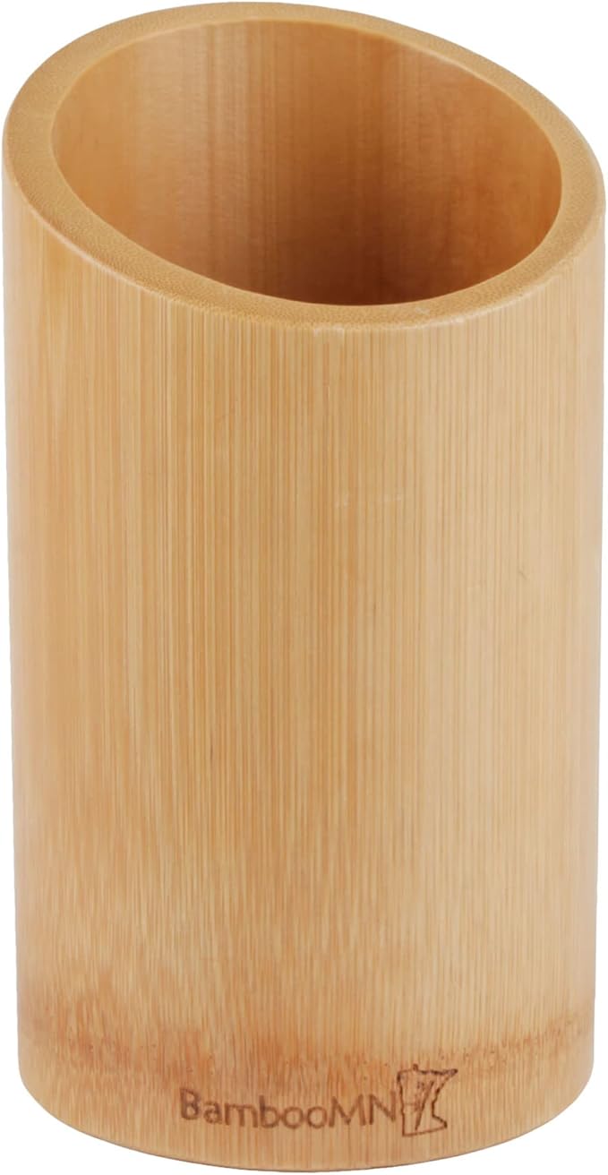 BambooMN Bamboo Kitchen Utensil Holder for Countertop, Utensil Crock for Cooking Utensils - 7" x 4" - Carbonized Brown - 1 Piece