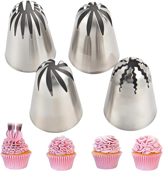Large Cookie Piping Tips Set, 4 Stainless Steel Multi-Tooth Nozzles for Cake Decorating, Reusable Icing Tips for Cookies, Cupcakes, Korean Buttercream Flowers, Baking Supplies