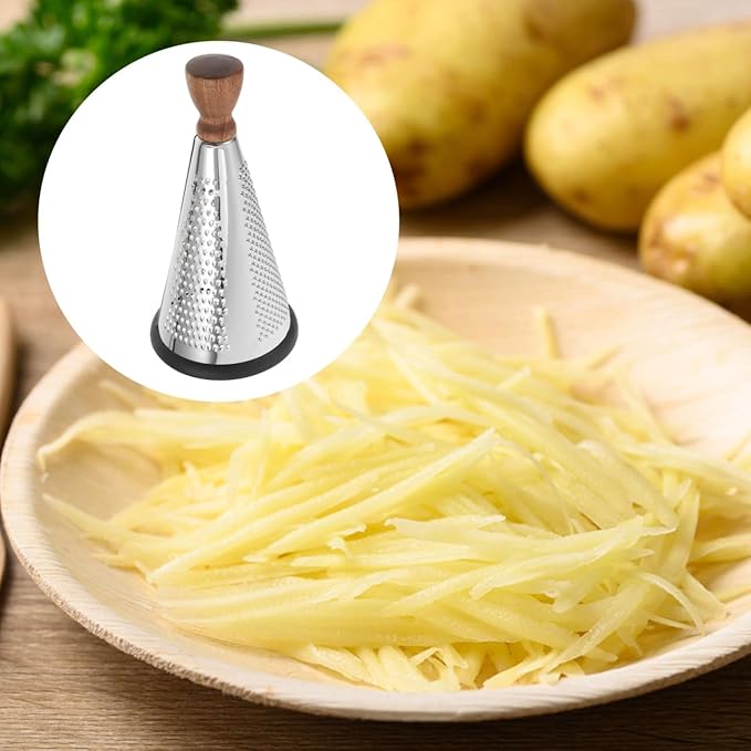 Cabilock 9.44 Inch Stainless Steel Cheese Grater with Wooden Handle Multifunctional Cone-Shaped Hand Grater for Cheese Vegetables and Fruit in Home Kitchen