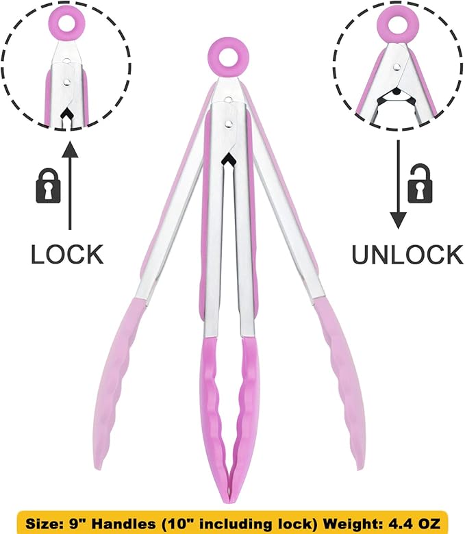 HINMAY Serving Tongs with Silicone Tips 9 Inches Stainless Steel Food Tongs, Set of 3 (Pink)