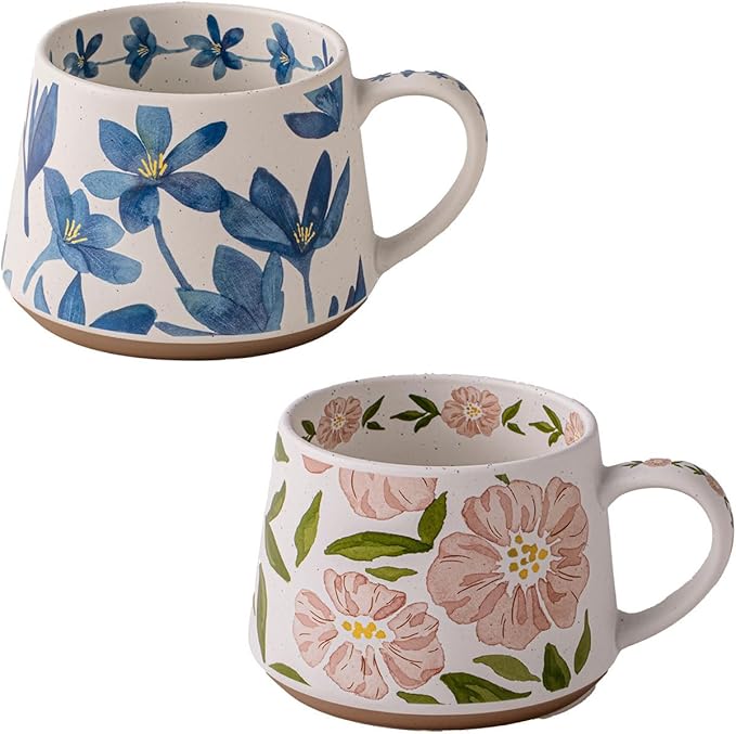 Elegant Floral Ceramic Mug ，Blue Flower Design mug with Handle, Unique Watercolor Flower Design Tea Mug for Home & Office，Microwave safety (Blue And Pink)
