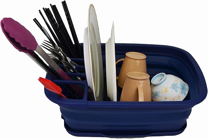 SAMMART 8L (2.11Gallons) Collapsible Dish Drainer with Drainer Board - Foldable Drying Rack Set - Portable Dinnerware Organizer - Space Saving Kitchen Utensil Storage Tray (Royal Blue, 1)