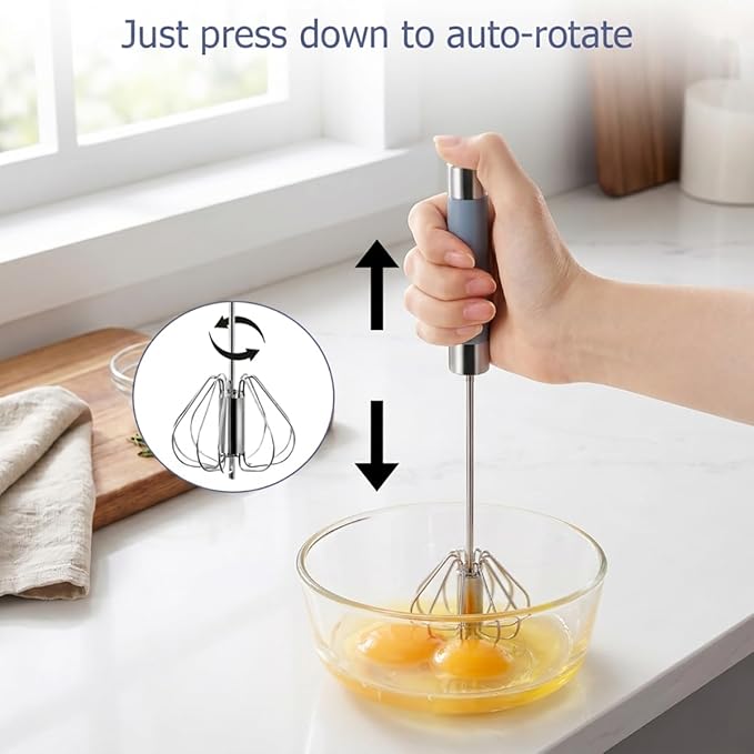 2 Pack Semi Automatic Whisk, Stainless Steel Mini Hand Push Whisks for Cooking, Easy to Use Hand Mixer Egg Beater Wisking Tool for Cooking, Whisking, Beating, Stirring