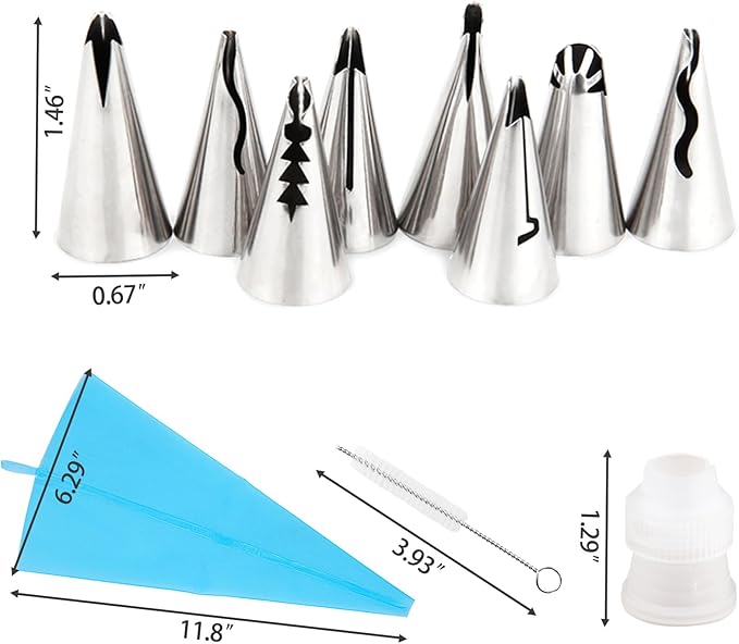 Baipeisy 11Pcs Stainless Steel Pleated Skirt Piping Tips Set - Reusable Baking Tools Kit Includes 8 Decorating Nozzles, 1 Cleaning Brush, 1 Converter, 1 silicone piping bag for Frosting Cakes