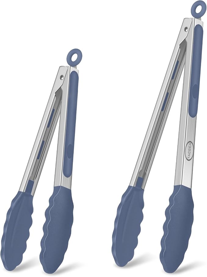 TACGEA Stainless Steel Kitchen Tongs with Silicone Tips, Locking Grilling Food Tongs, 9" and 12", Set of 2 Blue