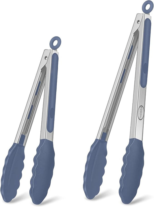 TACGEA Stainless Steel Kitchen Tongs with Silicone Tips, Locking Grilling Food Tongs, 9" and 12", Set of 2 Blue