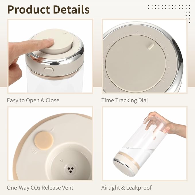 1700ml Glass Coffee Canister with 1/4 Cup Measuring Spoon, Airtight Coffee Bean Storage Jar with One-Way CO₂ Vent, Date Tracking Dial & One-Press Seal Lid, High Borosilicate Glass Jar for Tea Sugar