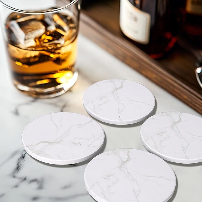 Coasters Set of 6 White Marble Style Ceramic Drink Coasters with Holde Coffee Table Decor Drinks Absorbent Stone Coasters for Rustic Farmhouse, Bar, Coffee, Table, Desk, Gifts