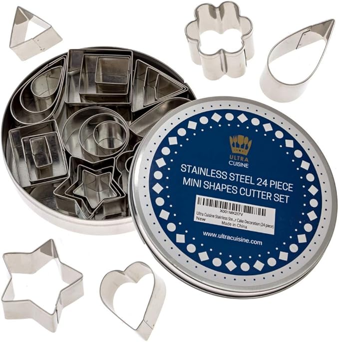 Ultra Cuisine 24pcs Mini Cookie Cutter Shapes Set - 100% Stainless Steel Small Molds To Cut Out Pastry Dough Pie Crust & Fruit - Steel Cutters Cut Tiny Heart Shapes - Bake Like A Pro For A Lifetime