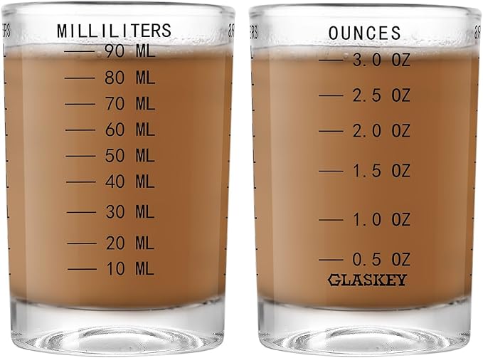 GLASKEY 2 Pack Shot Glass Measuring Cup Set,3 oz/90ML Liquid Heavy High Espresso Glass Cup,Dishwasher Safe,Measurement of Dry and Liquid Ingredients(Black)