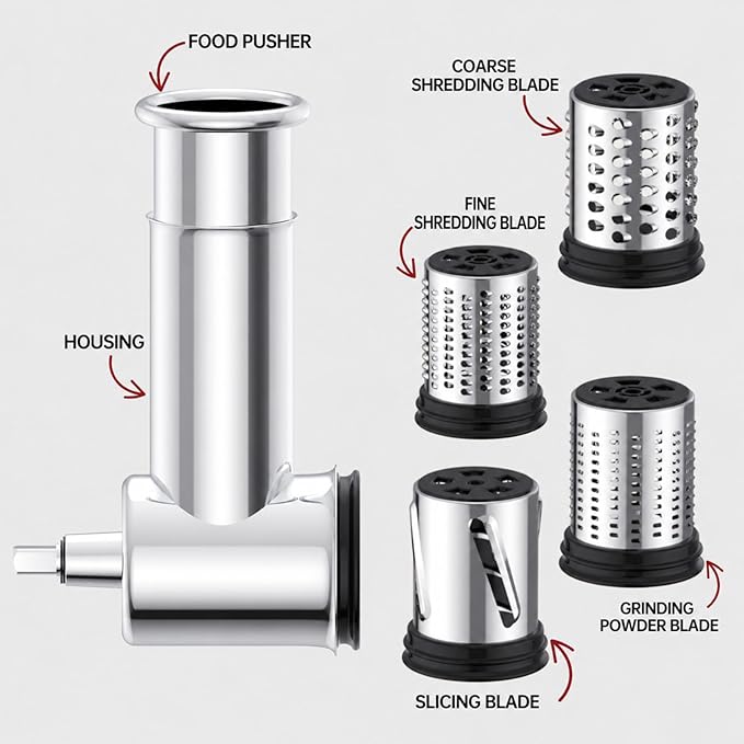 Stainless Steel Slicer Shredder Attachment for Kitchenaid Stand Mixer,kitchen aid cheese grater,Salad Maker,Dishwasher Safe with 4 Blades by Kitchwiyte