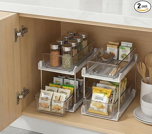 2 Pack Bathroom Organizer,2 Tier White Under Sink Organizers Vanity Countertop Storage Container,Cabinet Drawers Bins, Pull-Out Organization with Track for Pantry, Kitchen