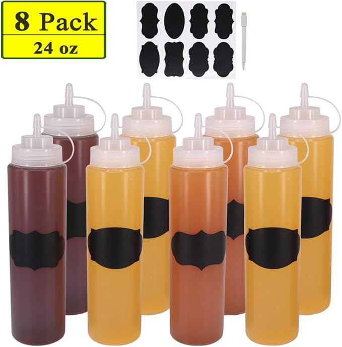 8 Pack 24 oz Plastic Squeeze Squirt Condiment Bottles with Cap Lids - Perfect for Condiments, Oil, Icing, Liquids–Set of 8 with extra 8 Chalk Labels and 1 Pen
