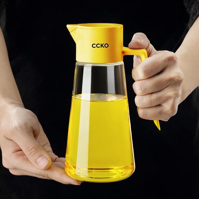 CCKO Olive Oil Dispenser Bottle 19oz Glass Oil Bottle for Kitchen Cooking,Auto Flip Drip Free Cooking Oil Dispenser,Suitable for Soy Sauce,Syrup,Vinegar,Salad Dressing Container (Yellow)