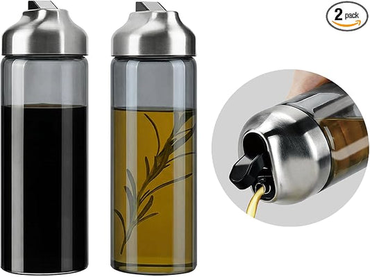 Aelga Olive Oil Dispenser Bottle for Kitchen, 2-Pack 14oz Dark Glass Oil and Vinegar Dispenser Set, Auto Flip Lid, UV-Protected Cooking Oil Cruet with Drip-Free Pour Spout