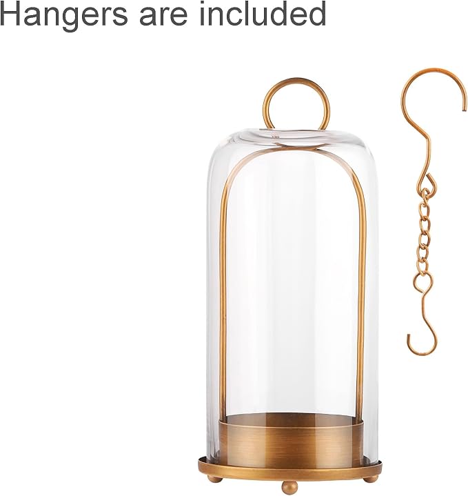 12" High Versatile Modern Metal Hurricane Lantern with Handmade Sturdy Glass Dome in Antique Brass for Pillar Candle & Plants, Industrial, Farmhouse, Shabby Chic (Brass, 5"x12")