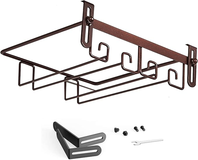 Hanging Wine Glass Rack Black Adjustable, Solid Iron Wine Glasses Hanger, Metal Under Cabinet Stemware Rack 3 Rows, 4 Rows, Convenient Storage And Space-saving