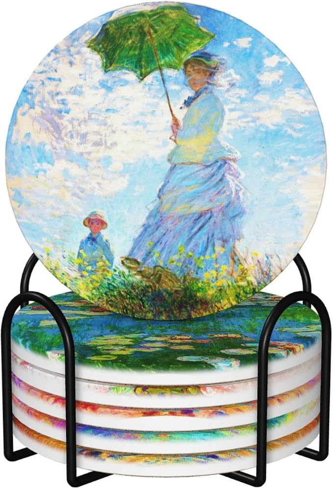 Monet Impression Sunrise Drinks Absorbent Coasters with Holder Set of 6, Coffee Table Decor, Ceramic Stone Coaster with Cork Base Tabletop Protection Mat for Mugs and Cups,Office,Kitchen