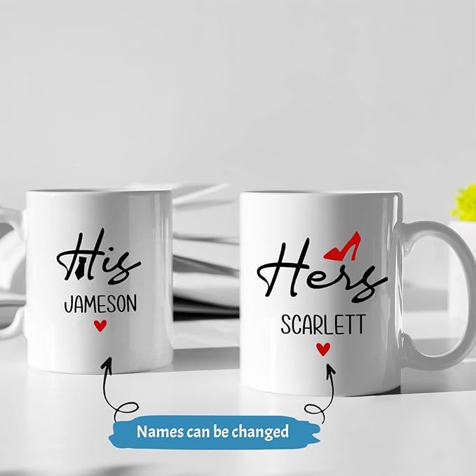 Customized Name Coffee Mug Cup, His And Hers Mugs Set Of 2, Personalized Couple Mug Design For Valentines Day Gift, Matching Mugs For Couples, Boyfriend And Girlfriend, White Cups 11oz Or 15oz