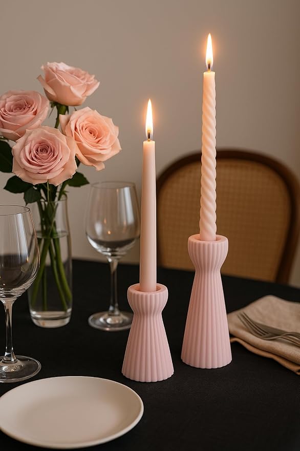 Taper Candle Holders for Candlesticks Ceramic Candle Stick Candle Holder- Set of 2 Decorative Candle Stand for Wedding Decor,Dinner Party and Table Centerpieces,Housewarming Gift Pink