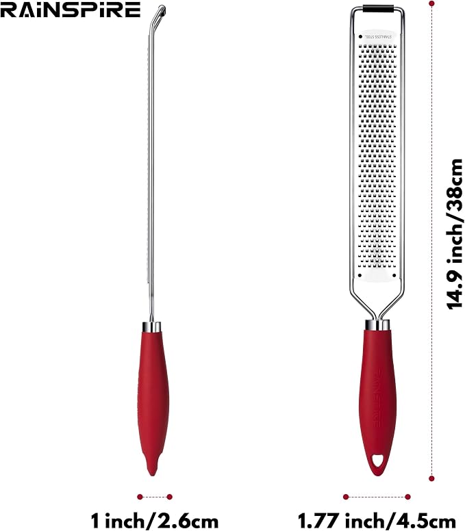 Rainspire Zester Grater with Handle, Lemon Zester Cheese Grater for Kitchen Stainless Steel, Parmesan Cheese Garlic Nutmeg Chocolate Fruits Vegetables Ginger Grater, Fine, Red