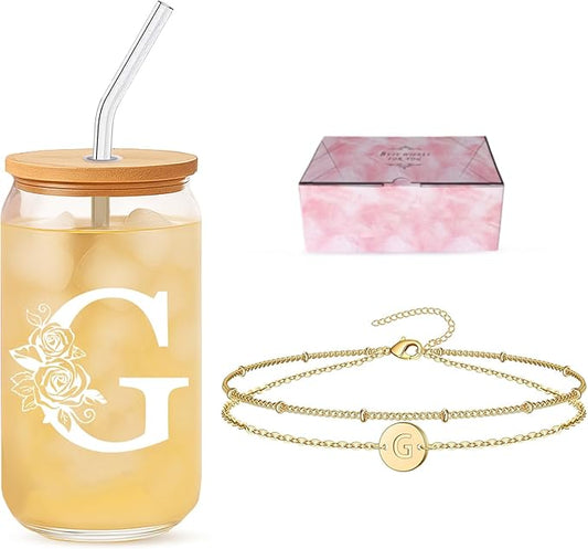 Friendship Gifts for Women, Initial Glass Cup and Bracelet Gift Set, Personalized Ready to Gift Letter Keepsake for Bestie, Birthday and Appreciation
