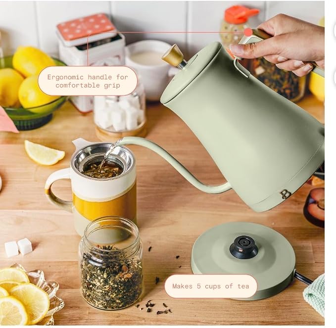 Beautiful Electric Gooseneck Kettle, 1 Liter, 1200W, Stainless Steel Interior, Fast Boil, Precision Pour Spout, Auto Shut-Off & Boil-Dry Protection (Green)