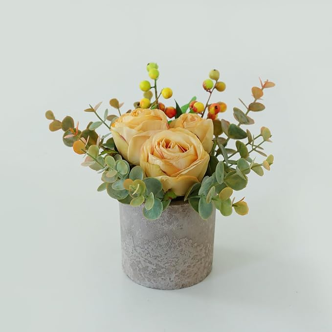 Small Artificial Burnt Yellow Rose Potted Plant, 6" Fake Silk Flowers in 3" Cylindrical Pot, Mini Faux Floral Arrangement for Desk Shelf Bathroom Decor
