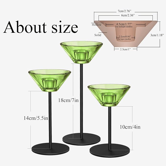 Smytle Emerald‑Green Glass Candlestick Holders, Green Tea Light Candle Holders with Weighted Matte‑Black Metal Base, Botanical Table Decor for Dining, Wedding & Holiday