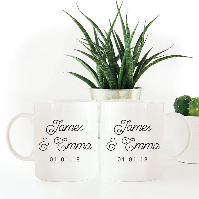 Andaz Press Personalized Name 11oz. Ceramic Ceramic Valentines Day Coffee Mugs Wedding Anniversary Couples Gift Set, Bride Groom Names and Date, 2-Pack, Custom Names, Long Distance Gift Ideas