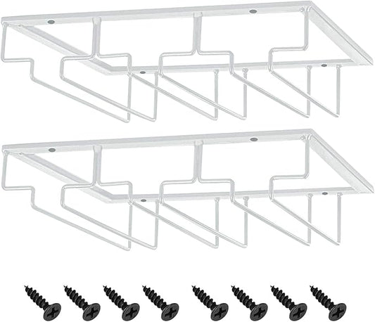 MOCOUM Wine Glasses Rack Under Cabinet Stemware Rack, Wine Glass Hanger Rack Wire Wine Glass Holder Storage Hanger for Cabinet Kitchen Bar (White, 3 Rows 2 Pack)