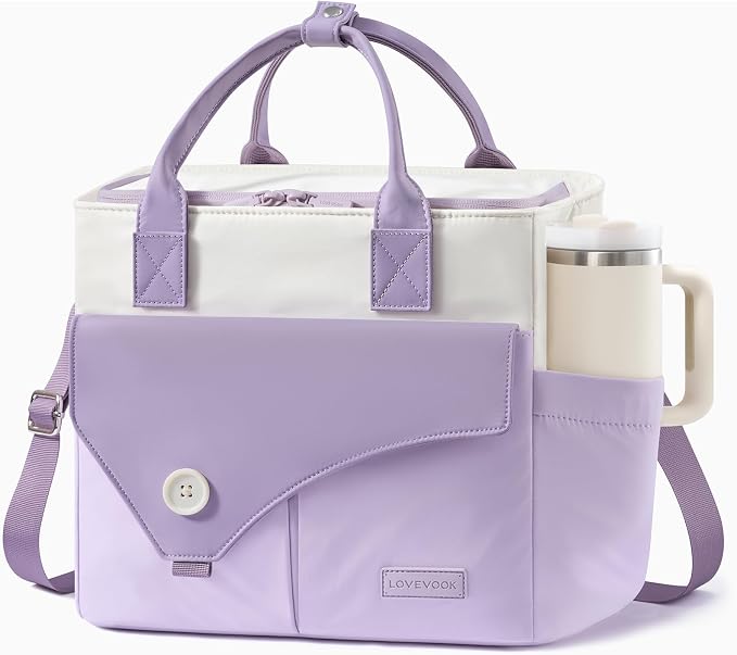 LOVEVOOK Insulated Lunch Bag for Women, Wide Opening Leakproof Cooler Tote withCup Holder and Shoulder Strap, Adult Large Lunch Box for Work Picnic,Purple
