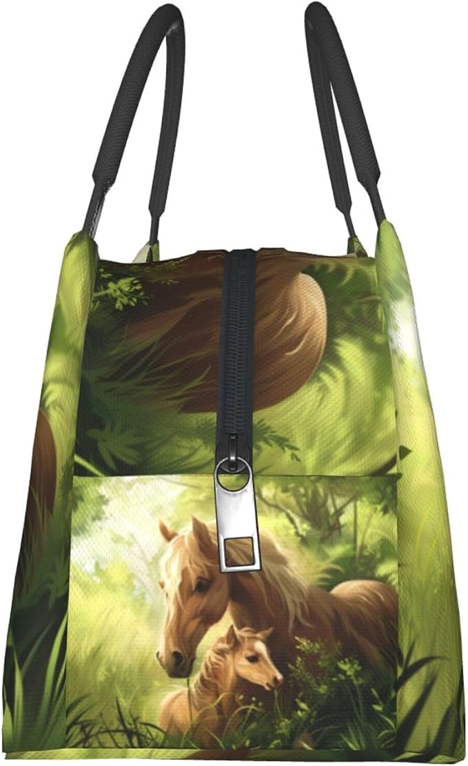 Tender Horse and Foal Forest Scene Lunch Box for Women Girls Adults Insulated Green Meadow Animal Lunch Bag for Work Picnic Camping Travel Gifts Cooler Thermal Large Capacity Reusable Tote Makeup Bags