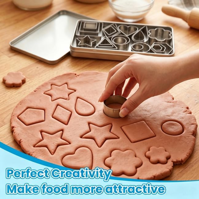 Fireboomoon 30 Pcs Mini Cookie Cutter Set, Stainless Steel Small Geometric Cutters (Star, Heart, Flower, Circle & More), Tiny Biscuit Mold for Kids, Fondant, Fruit, Sandwich & Clay, with Storage Box